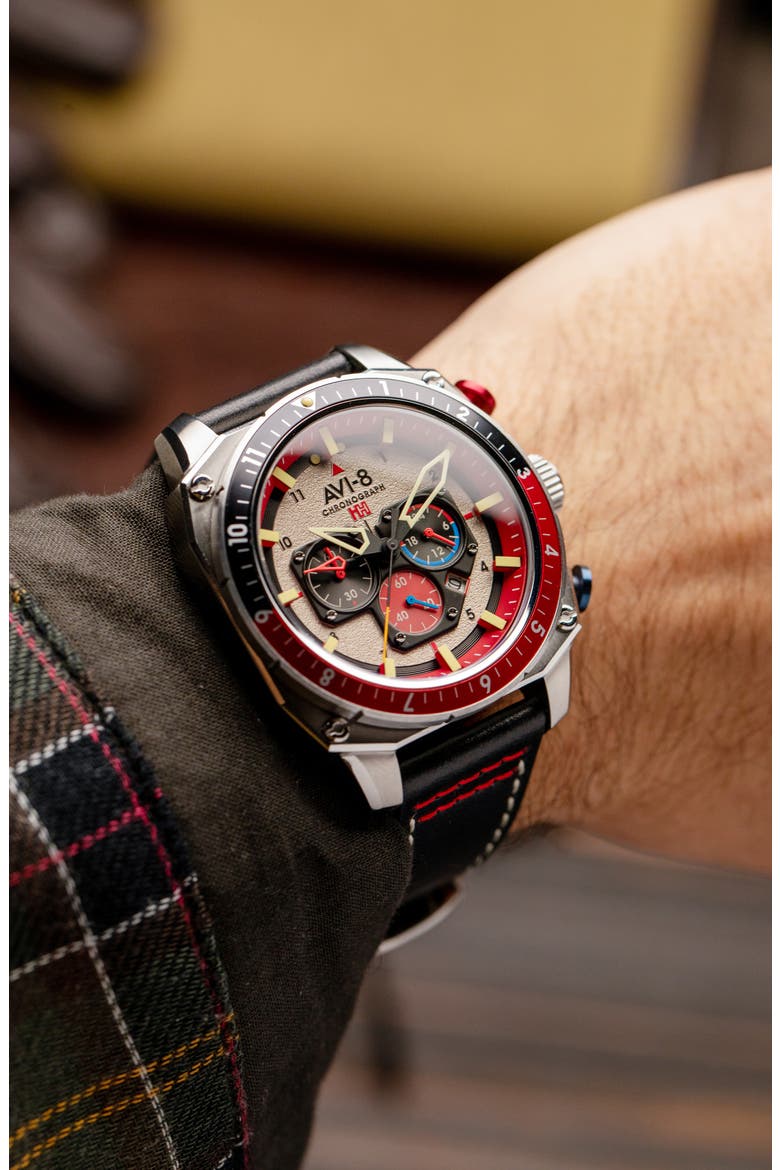 Hawker Hunter Atlas Hazard Red Dual Time Chronograph Leather Strap Watch, 43mm, Alternate, color, GREY