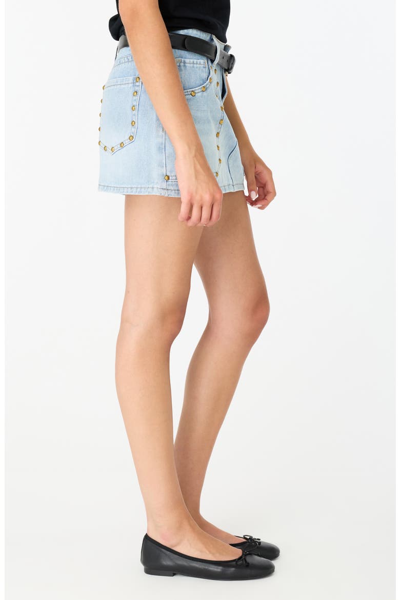 Kara Studded Denim Miniskirt, Alternate, color, LIGHT WASH
