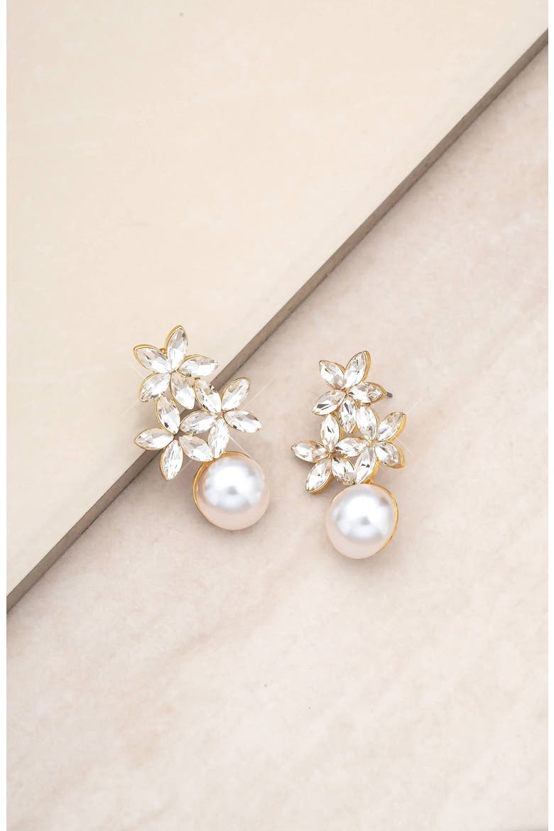 Floral Crystal & Imitation Pearl Earrings, Alternate, color, GOLD