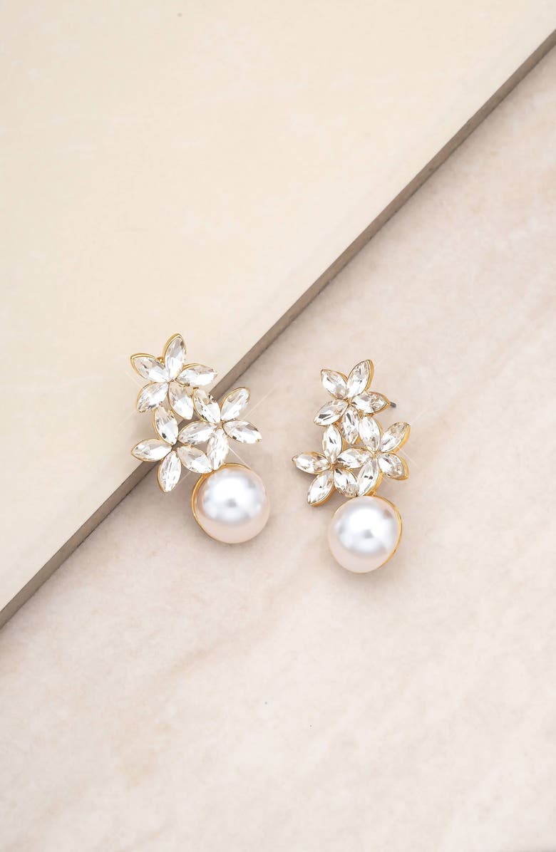 Ettika Floral Crystal & Imitation Pearl Earrings, Alternate, color, Gold