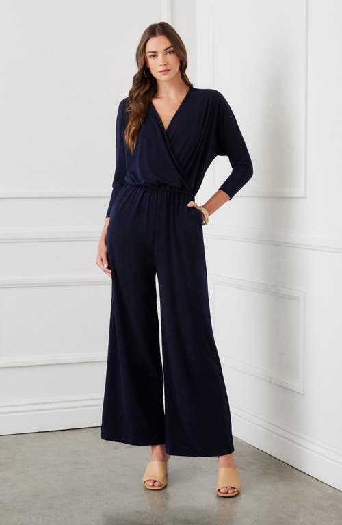 Shop Karen Kane Travel Wide Leg Jersey Jumpsuit In Navy
