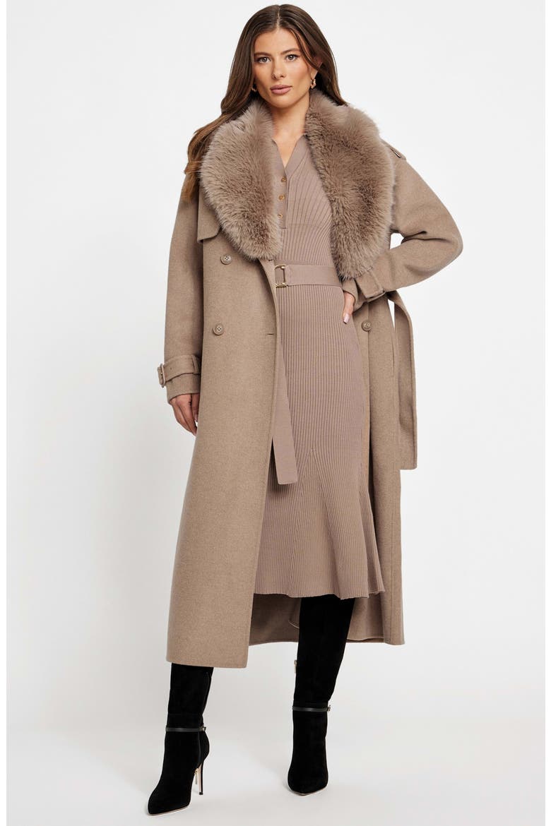 Ella Faux Fur Collar Double Breasted Coat, Alternate, color, LIGHT TAUPE