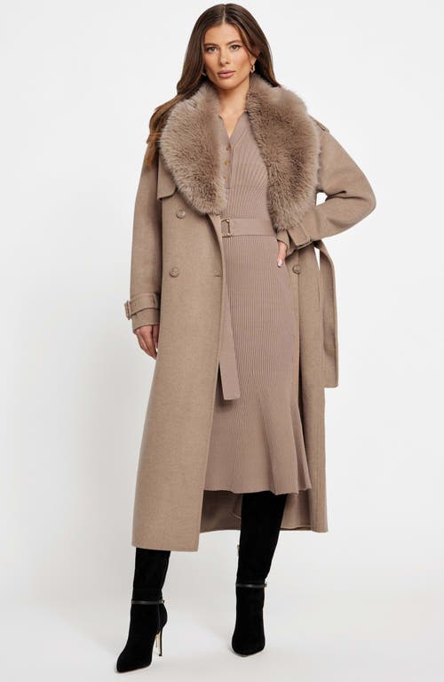 Marciano Ella Faux Fur Collar Double Breasted Coat In Brown
