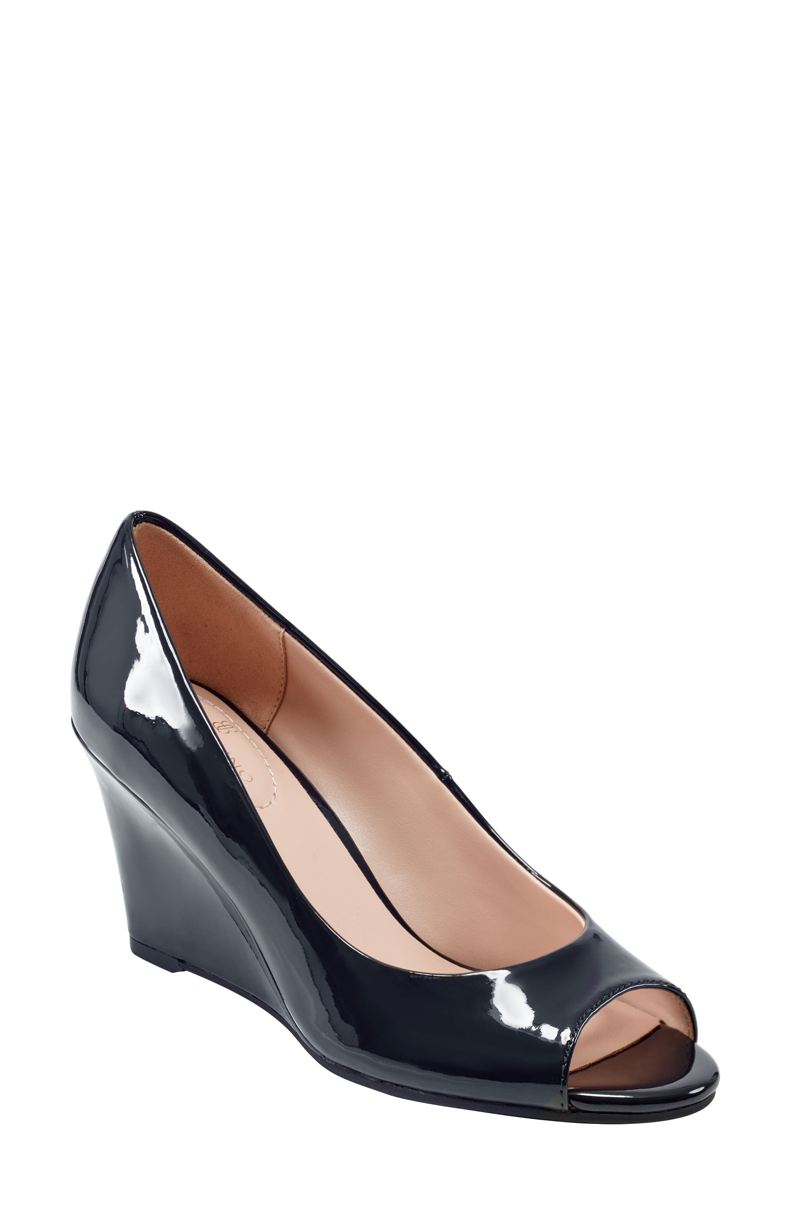 Bandolino Tuff Love Peep Toe Patent Wedge Pump, Main, color, Navy