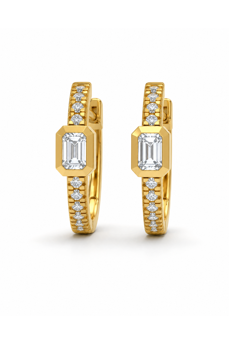 Diamond Emerald Bezel Accent Pave Huggie Earring 14K, Main, color, 14K Gold