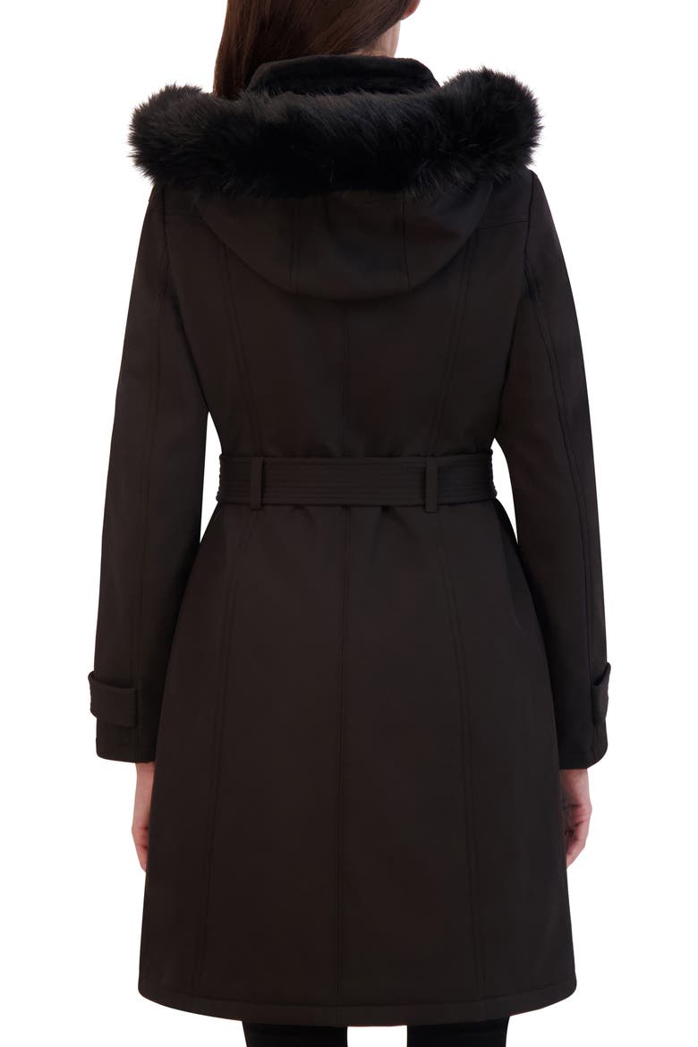 Belted Faux Fur Trim Hooded Coat, Alternate, color, BLACK