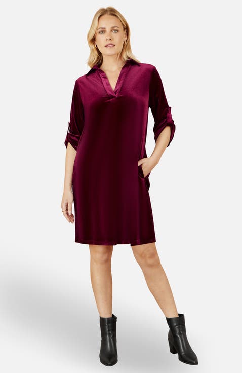 Velvet 3/4 Sleeve Collared Tunic Dress