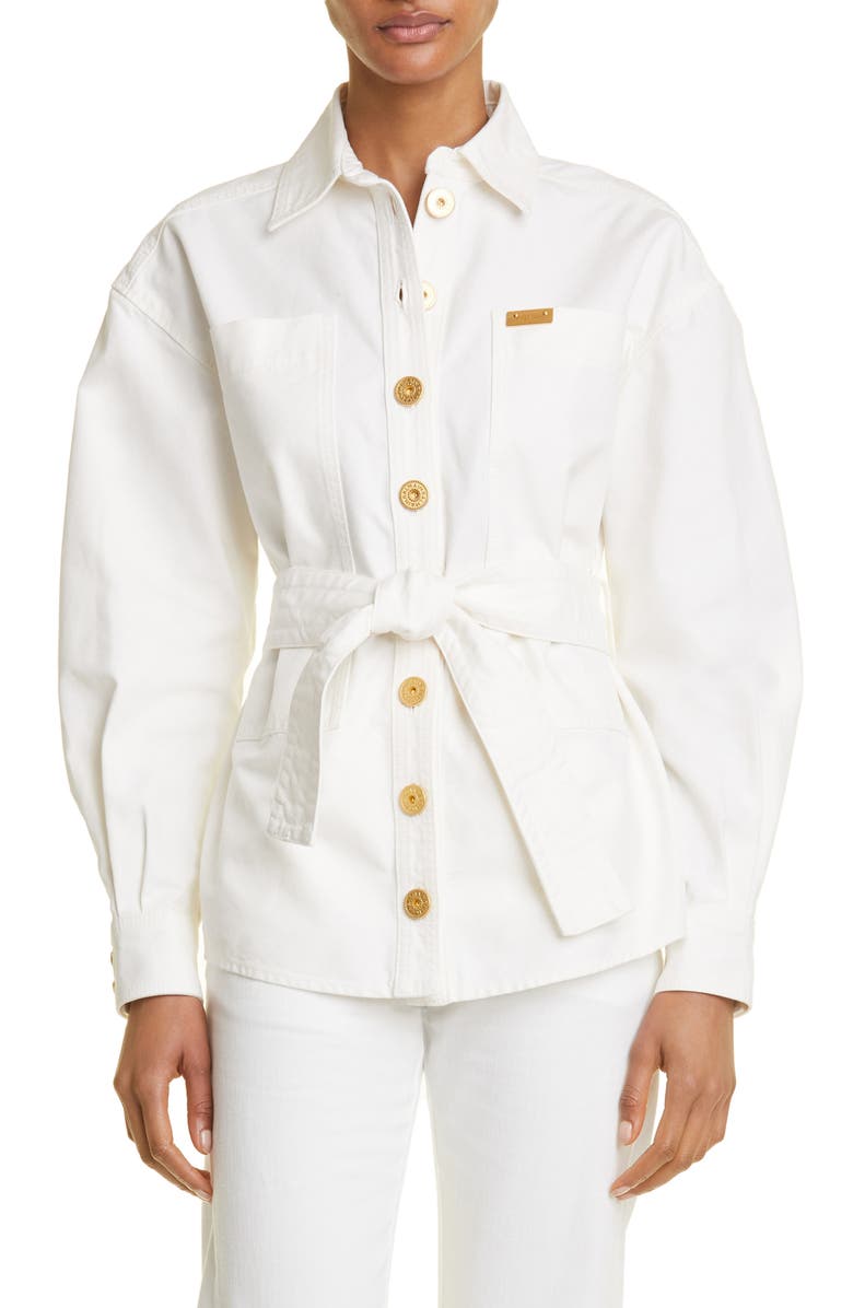 Balmain Belted Cotton Denim Shirt Jacket, Main, color,