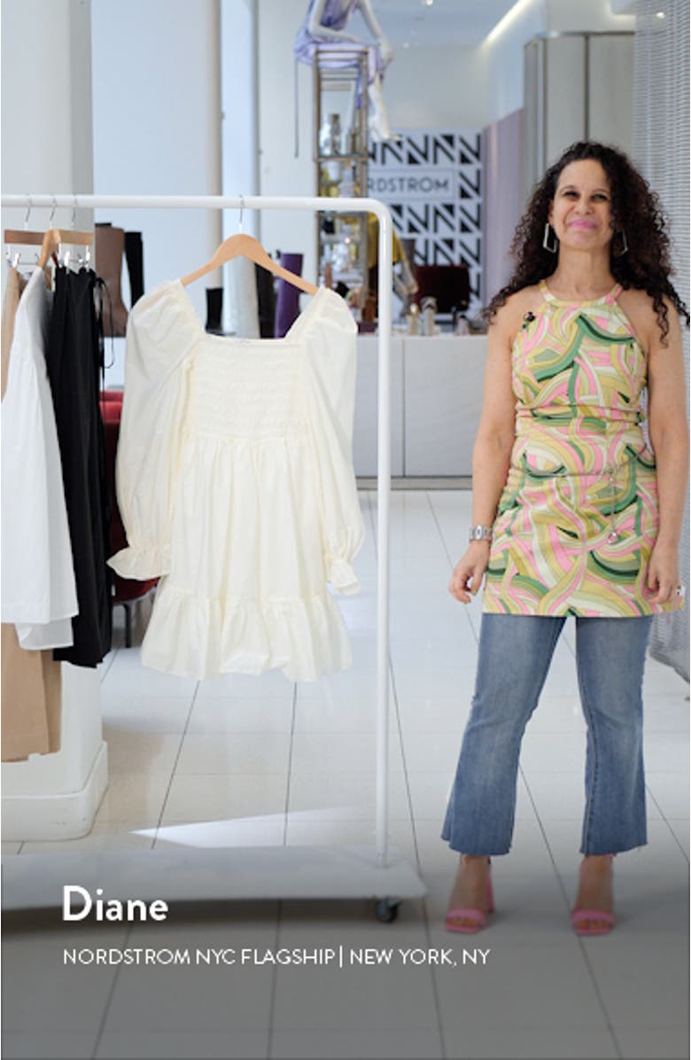 Smocked Bodice Long Sleeve Cotton Minidress, sales video thumbnail