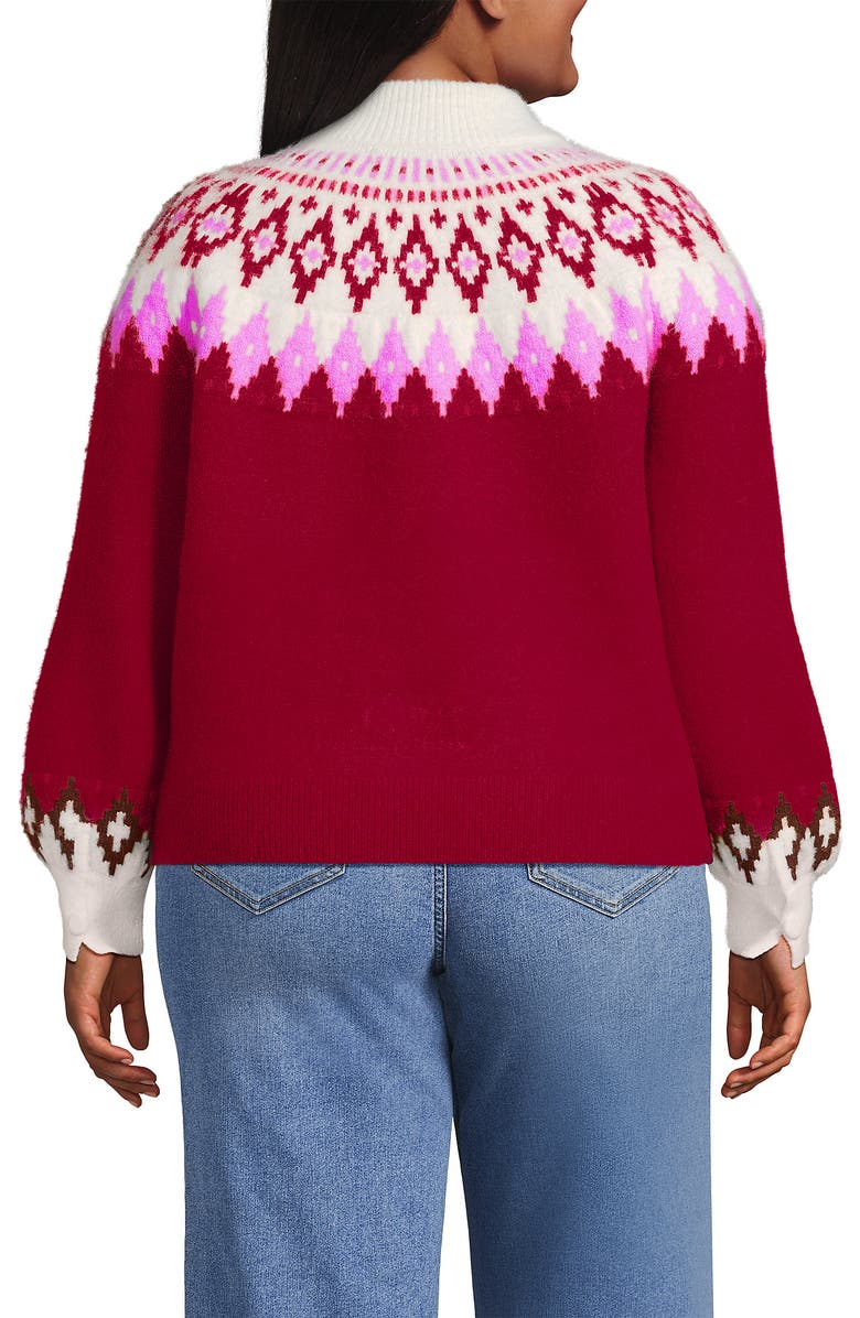Lands' End Fuzzy Turtleneck Lantern Sleeve Jacquard Sweater, Alternate, color, Rich Red Fairisle