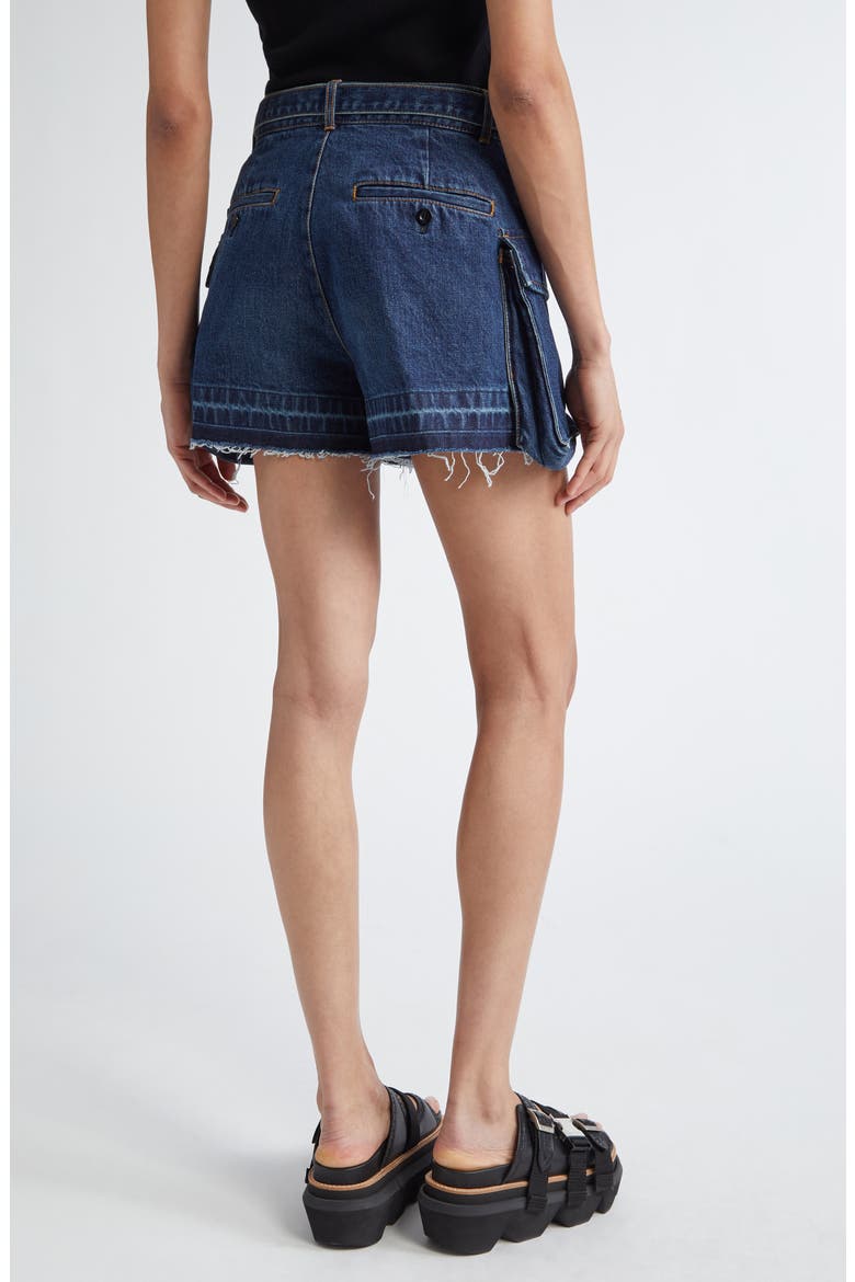 Belted Frayed Release Hem Cargo Denim Shorts, Alternate, color, BLUE 401