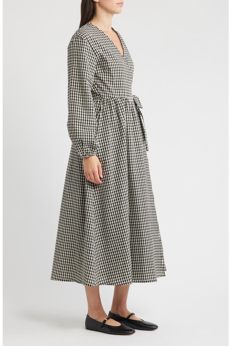 Anemone Gingham Long Sleeve Seersucker Wrap Dress, Alternate, color, NOIR