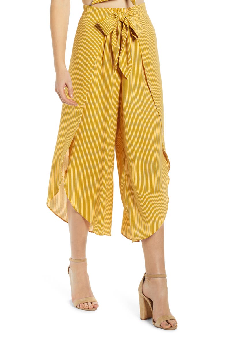 Tie Front Layered Wide Leg Pants, Main, color, MUSTARD STRIPE