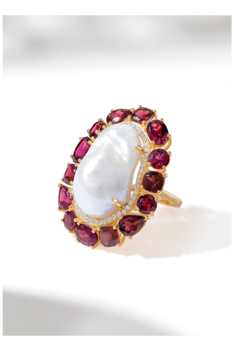 Cultured Pearl & London Blue Topaz Ring, Alternate, color, RED/WHITE