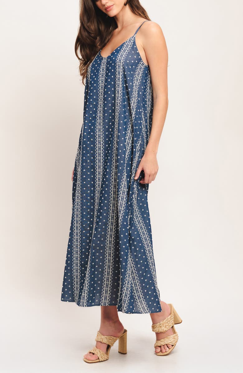 FLYING TOMATO Embroidered Sleeveless Maxi Dress, Alternate, color, Medium Indigo