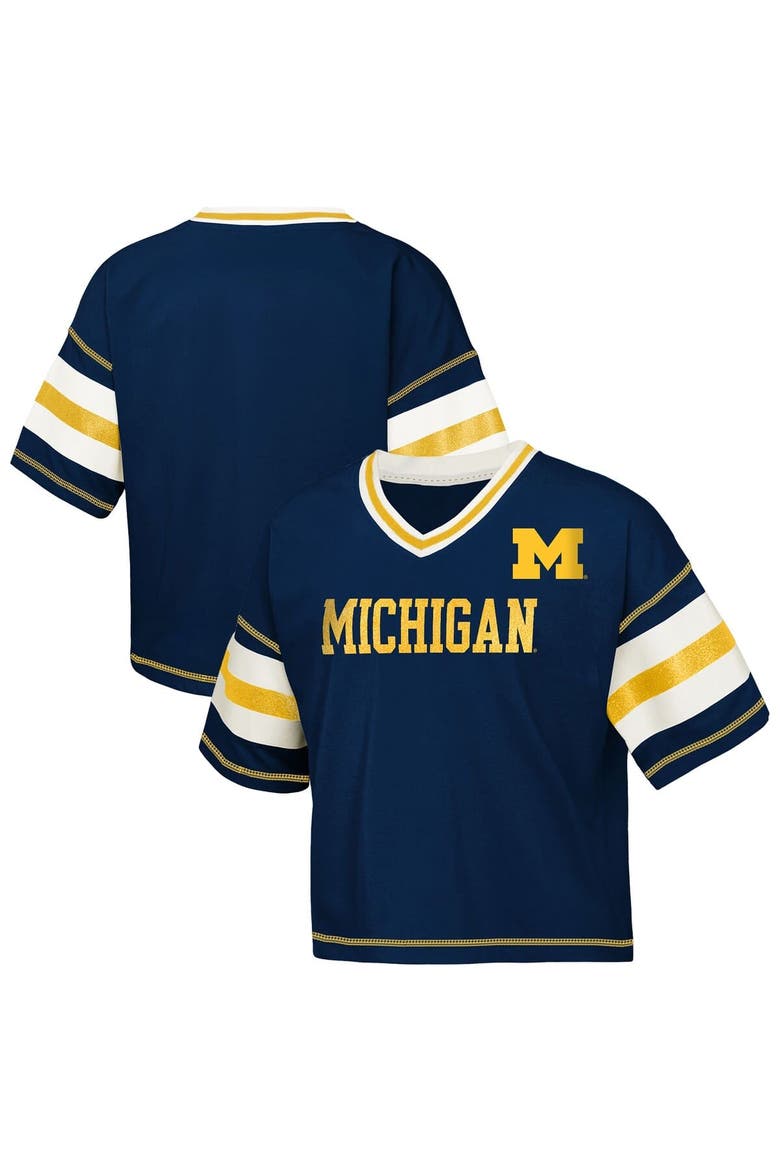 Girls Youth Outerstuff Navy Michigan Wolverines Gridiron Jersey V-Neck T-Shirt, Main, color, Navy