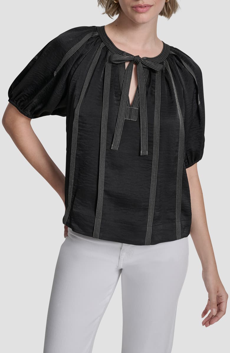DKNY Puff Sleeve Contrast Stitch Tie Front Top, Main, color, Black