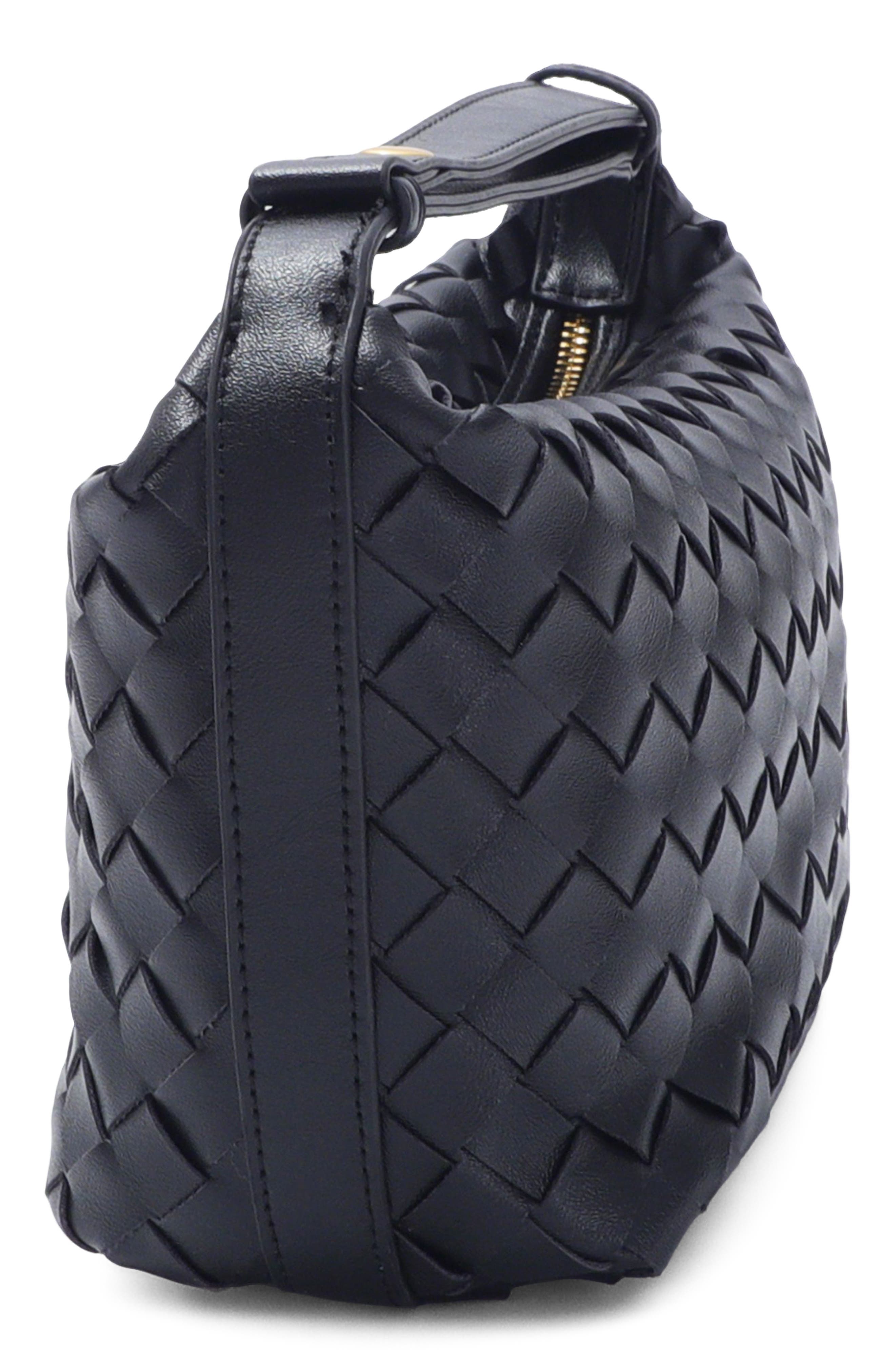 Woven Faux Leather Crescent Bag, Alternate, color, BLACK
