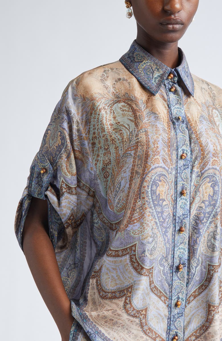 Zimmermann Wanderlust Oversize Paisley Silk Button-Up Shirt, Alternate, color, Tapestry Blue Multi