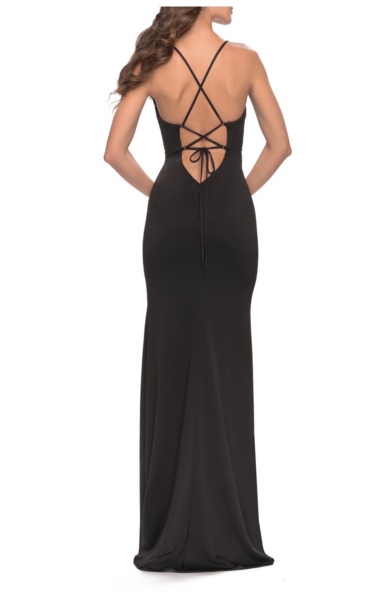 La Femme Fitted Matte Jersey Gown with Unique Deep V Neckline, Alternate, color, Black