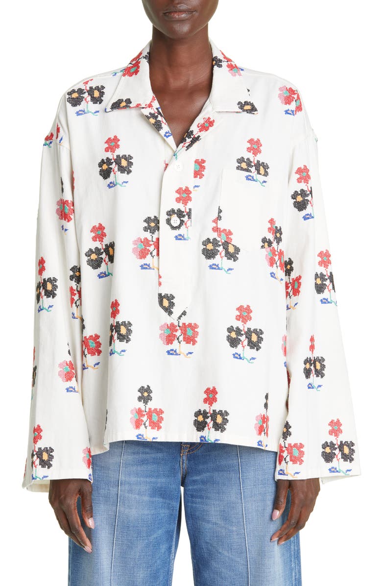 Bode Daisy Sprig Embroidered Cotton Shirt, Main, color,