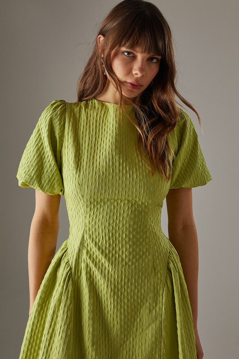 Seersucker Puff Sleeve Midi Dress, Alternate, color, Chartreuse