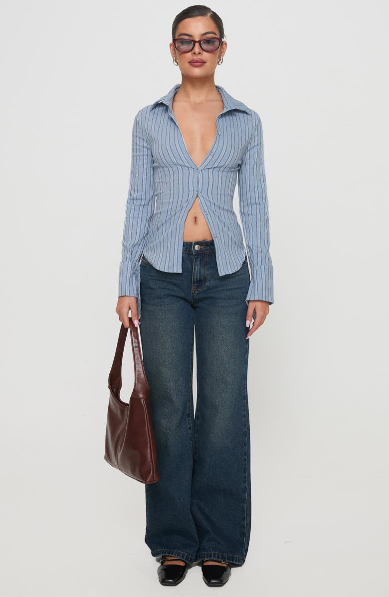 Princess Polly Madlin Stripe Long Sleeve Button-Up Shirt, Alternate, color, Blue Stripe