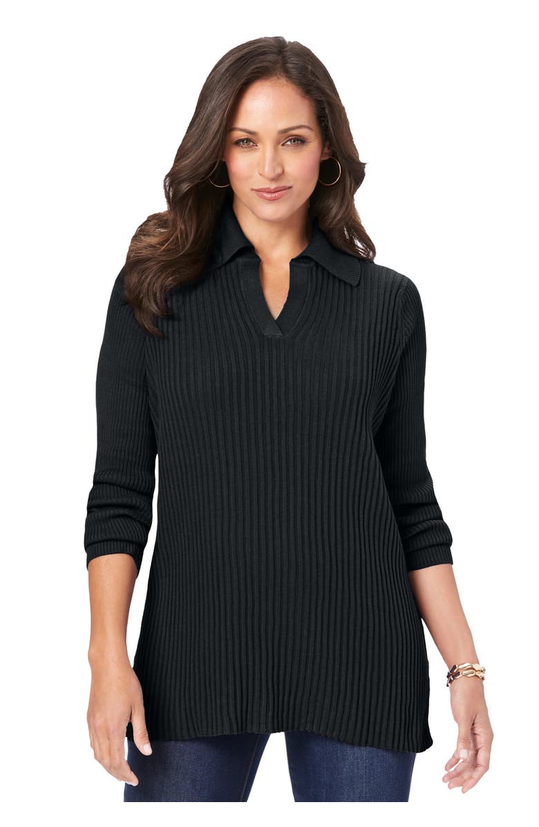 Jessica London Ribbed Collar Sweater, Main, color, Black