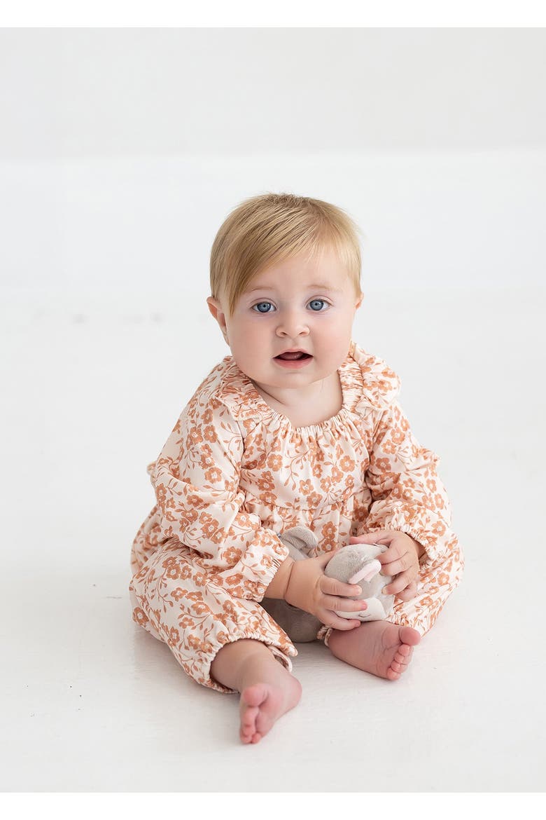 Honey Petals Long Sleeve Floral Ruffle Collar Straight Leg Romper, Main, color, Orange