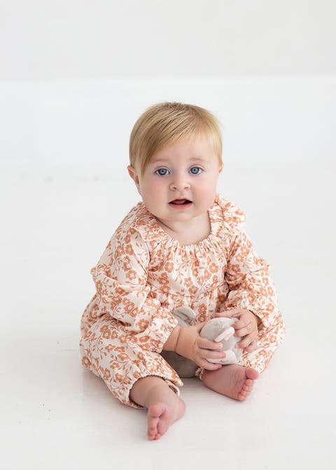 Honey Petals Long Sleeve Floral Ruffle Collar Straight Leg Romper