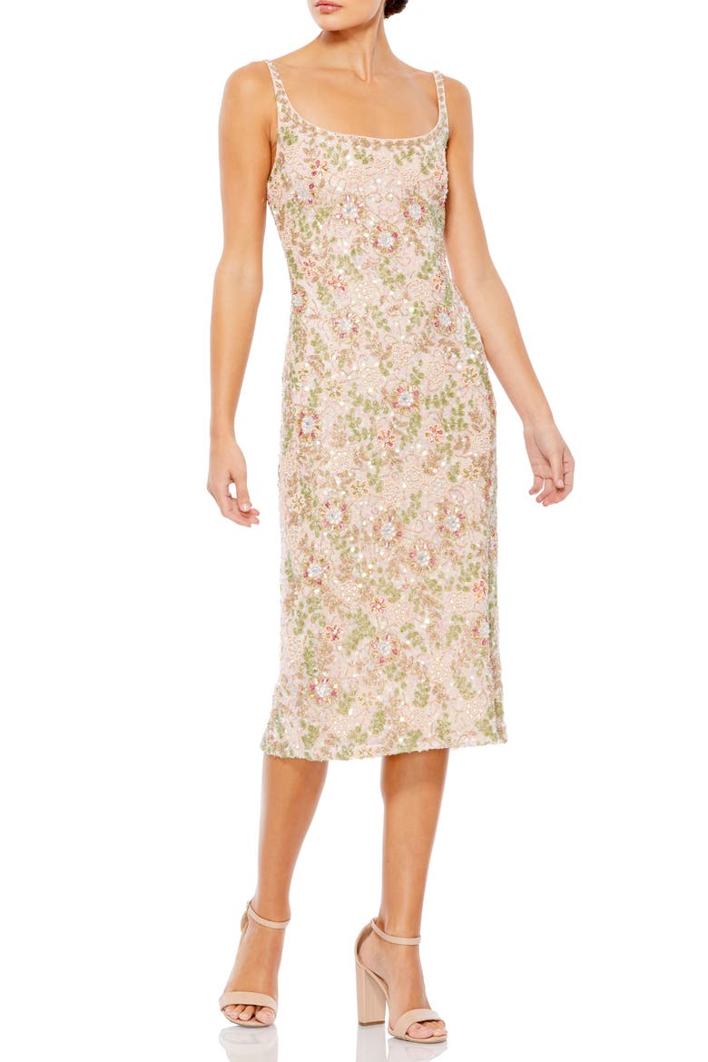 Women's Sleeveless Hand Beaded Floral Midi Dress, Main, color, NUDE MULTI
