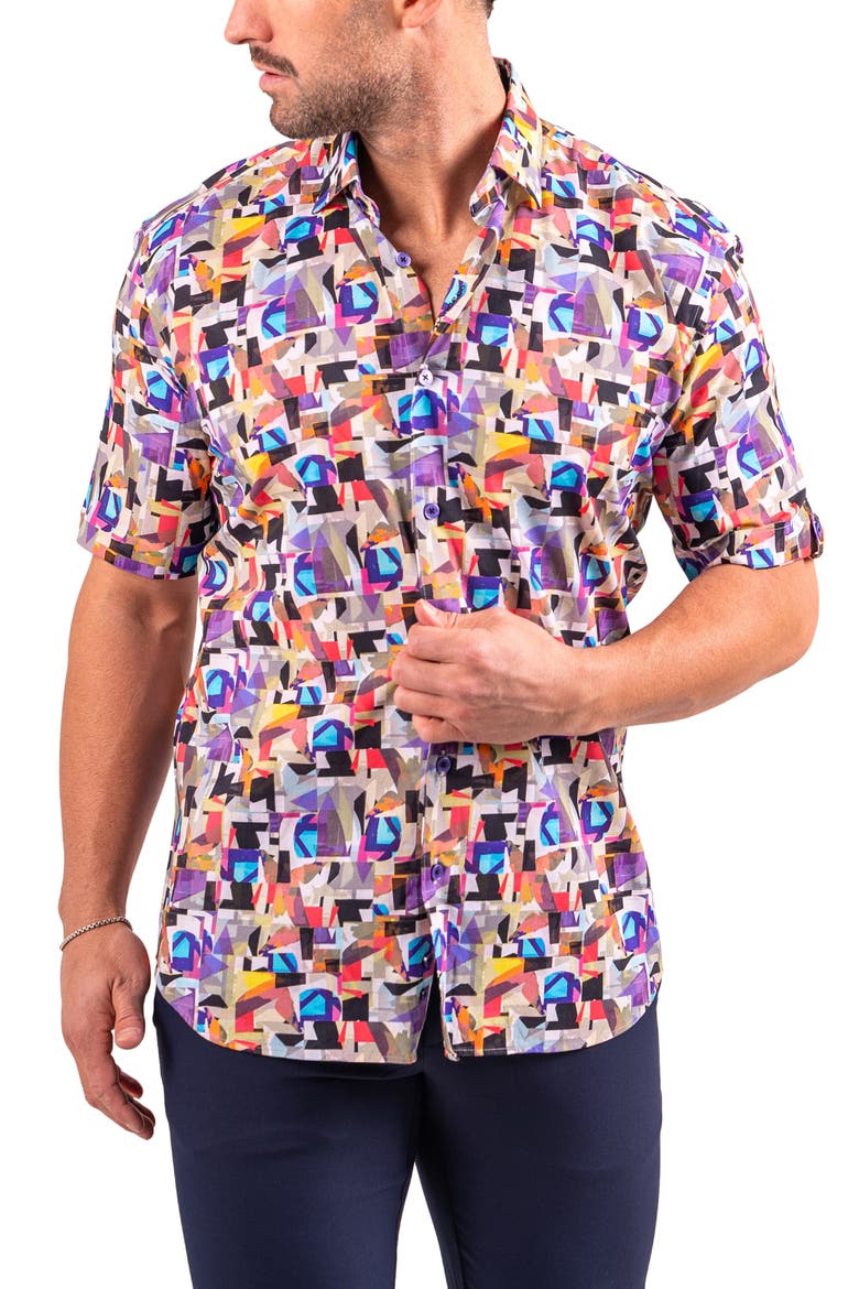Galileo Resistance Abstract Print Short Sleeve Button-Up Shirt, Alternate, color, WHITE