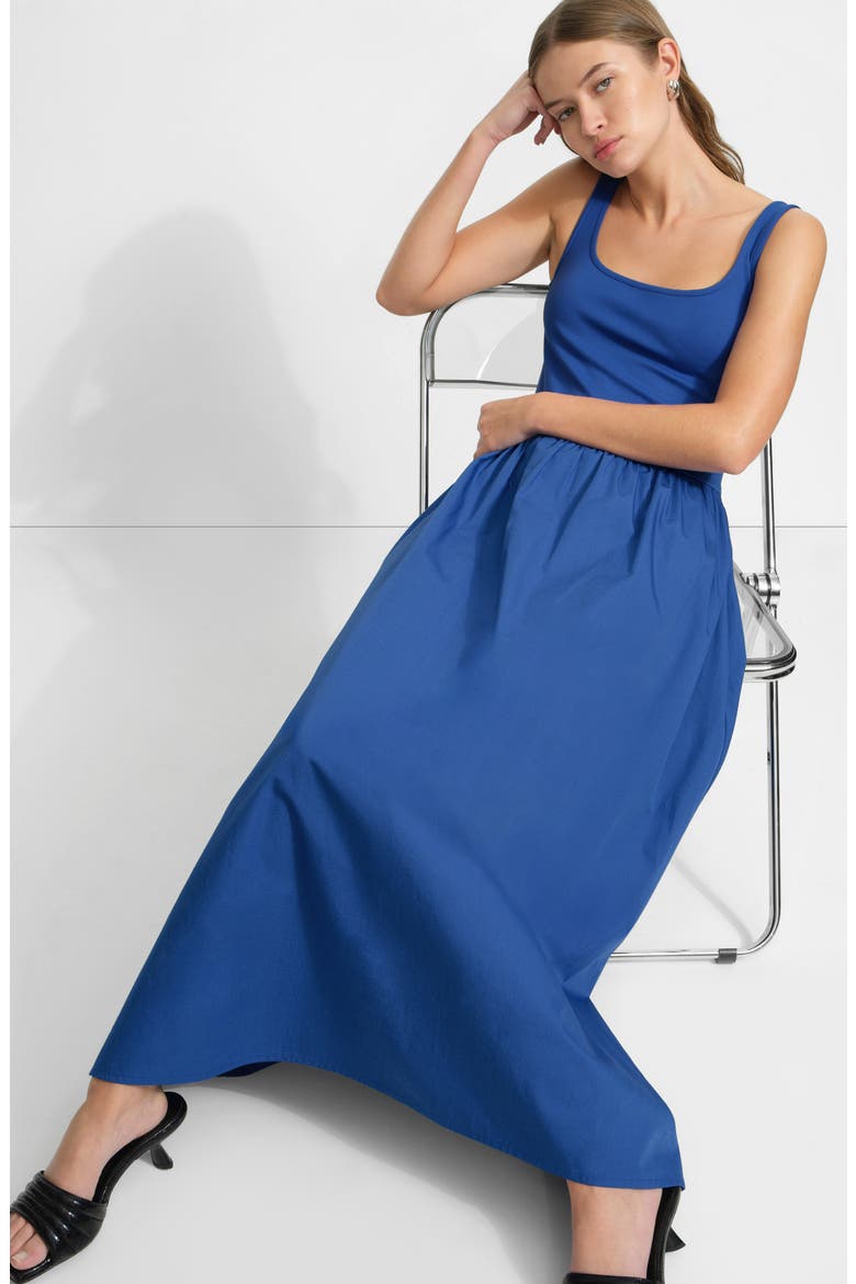 Clara Mixed Media Ponte & Cotton A-Line Dress, Alternate, color, COBALT
