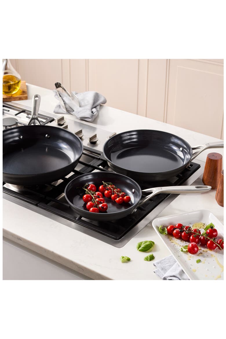 Motion Ceramic 3-Piece Hard Anodized Fry Pan Set, Alternate, color, BLACK