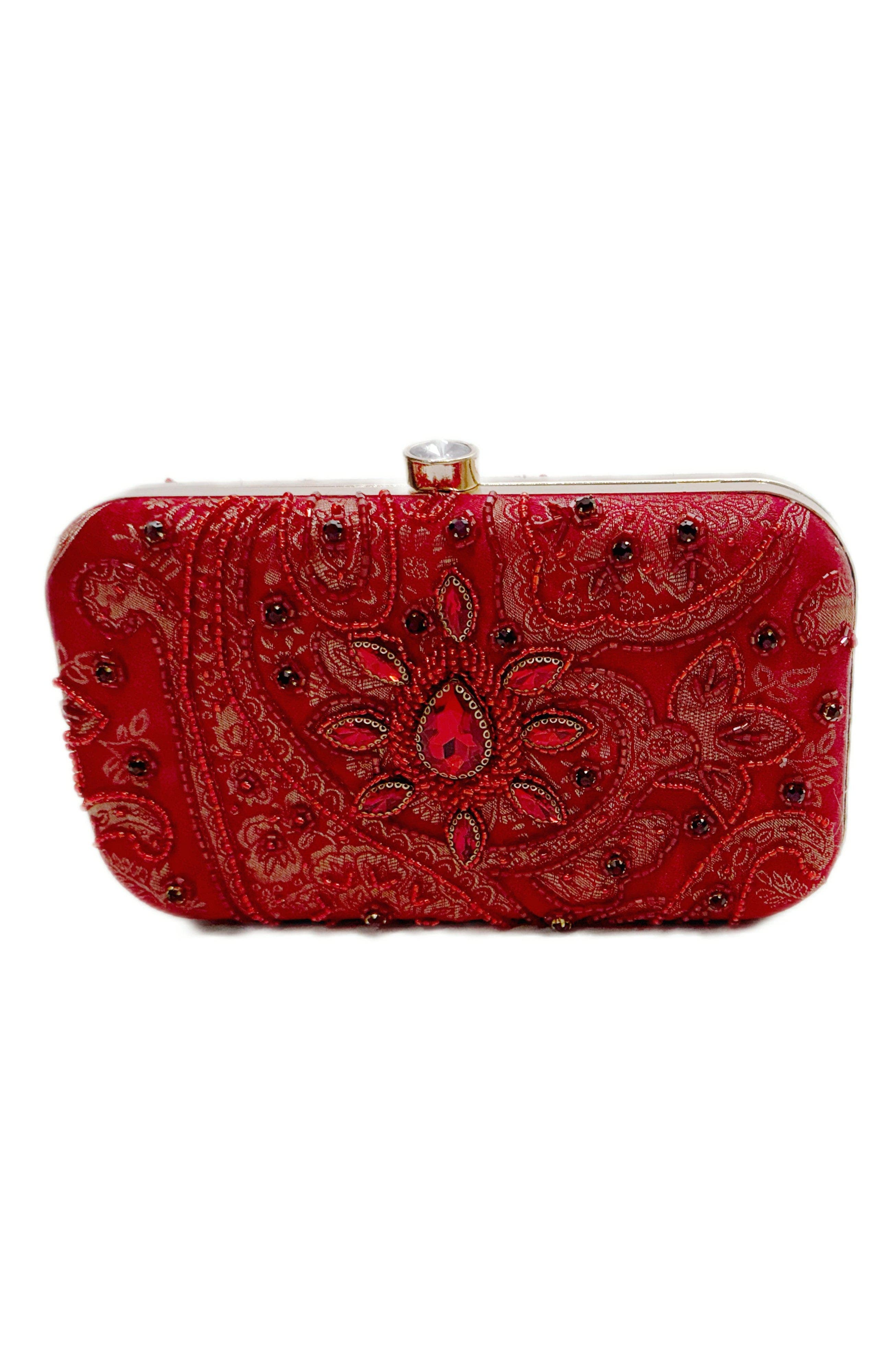 RAAS Cerise Embroidered Red Clutch, Main, color, 