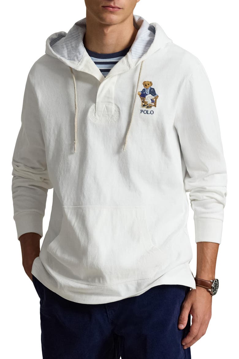 Polo Bear Hooded Rugby Pullover, Main, color, NEWPORT BEAR-WHITE
