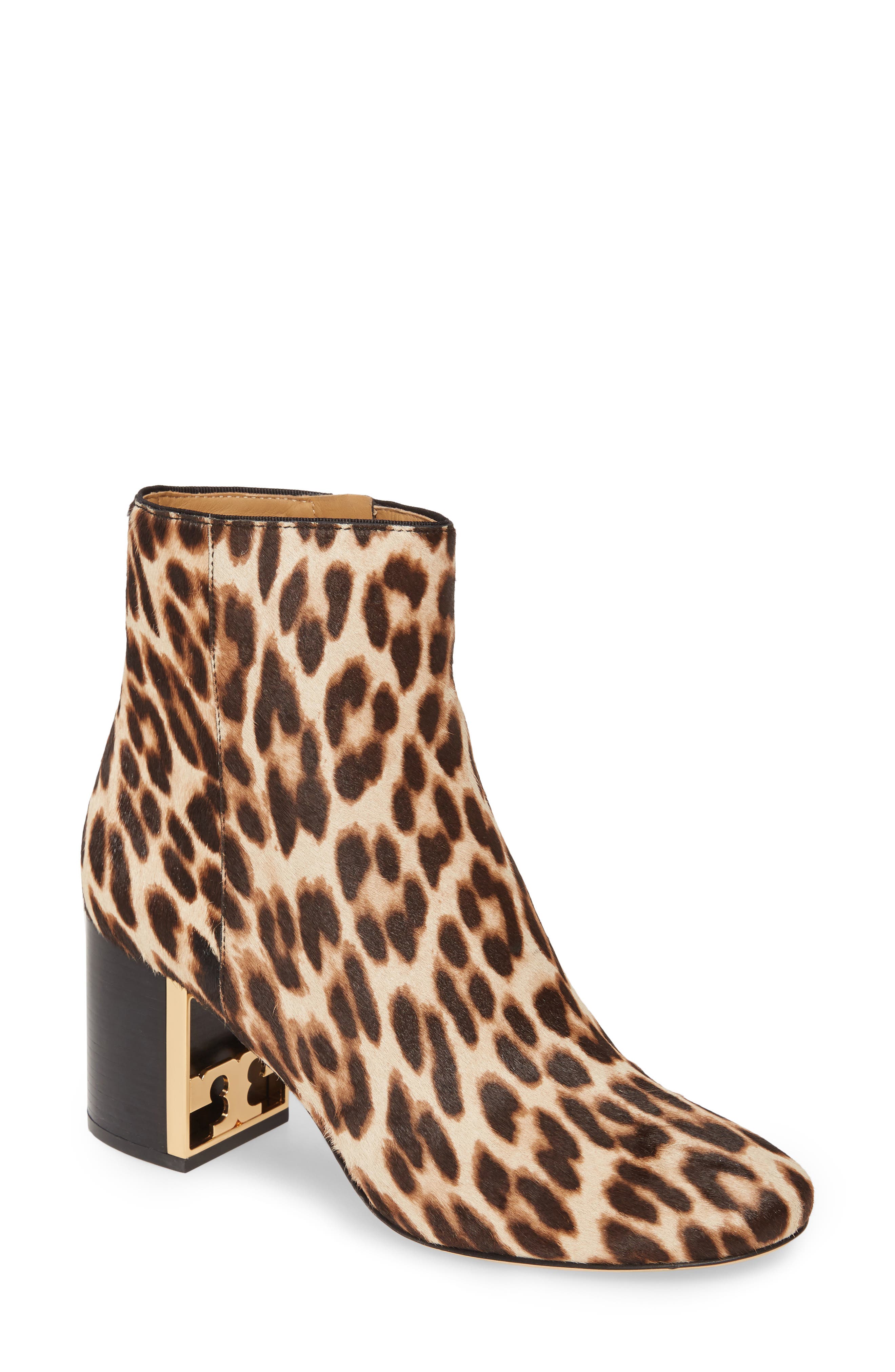 Gigi Logo Heel Genuine Calf Hair Bootie, Main, color, LEOPARD BROWN
