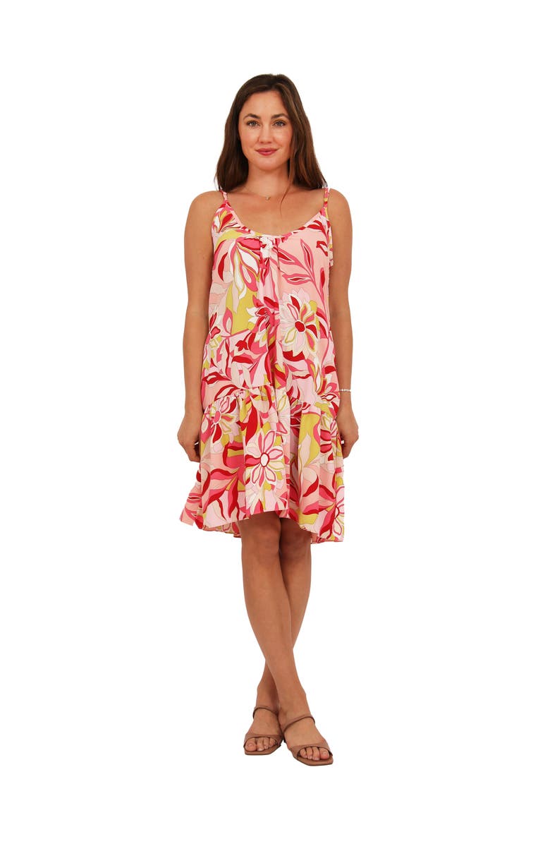24seven Comfort Apparel Womens Essential Floral Print Scoop Neck Spaghetti Strap Pocket A-Line Mini Dress, Main, color, Pink Multi