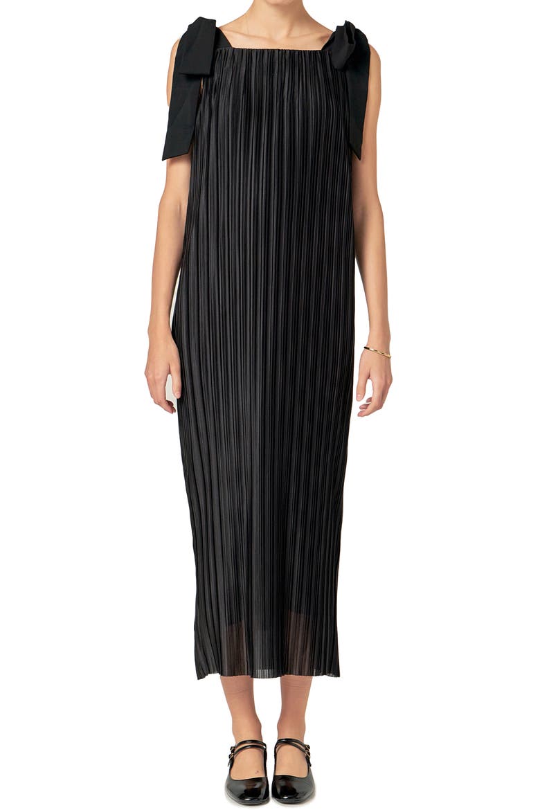 Bow Detail Pleated Maxi Dress, Alternate, color, BLACK