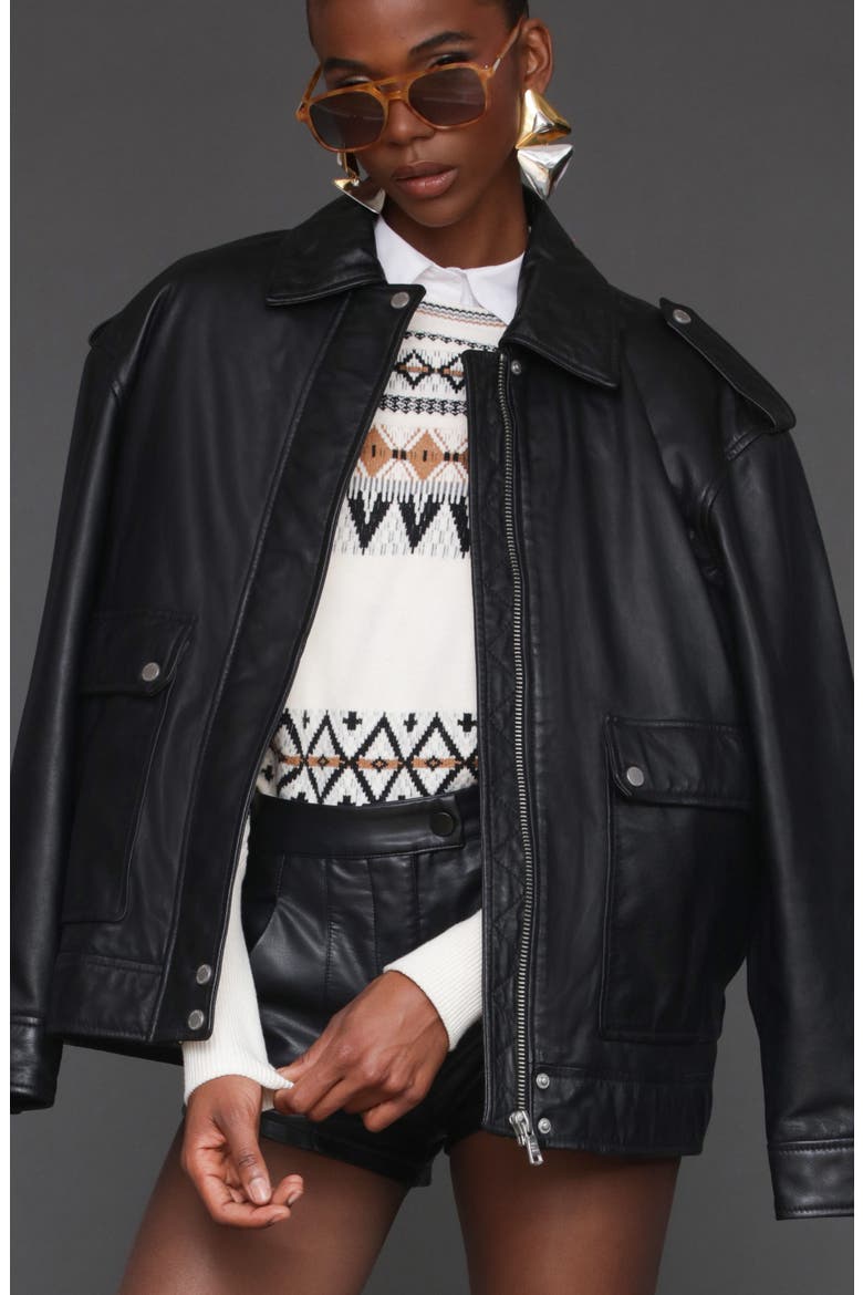 Pieced Back Leather Bomber Jacket, Alternate, color, BLACK