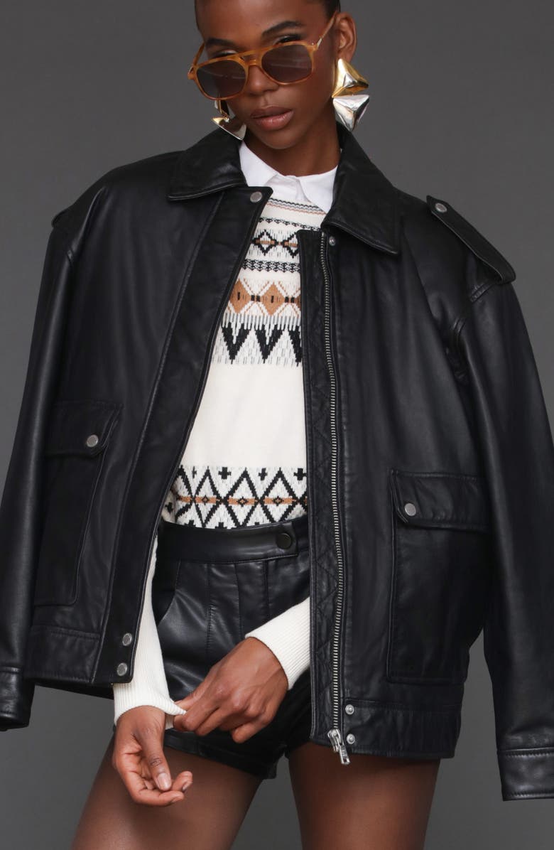 Avec Les Filles Pieced Back Leather Bomber Jacket, Alternate, color, Black