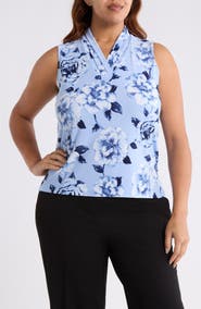 Anne Klein Floral Triple Pleat V-neck Top