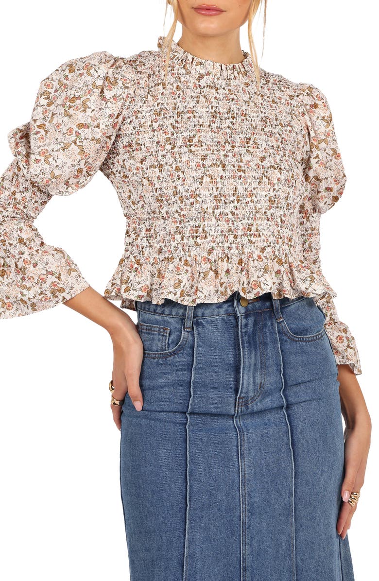 Petal & Pup Novah Long Sleeve Smocked Peplum Top, Main, color, White Floral