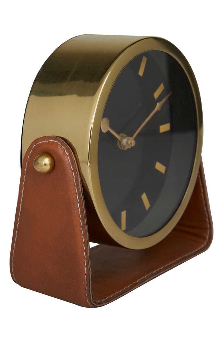 VIVIAN LUNE HOME Gold Stainless Steel Clock with Faux Leather Stand, Alternate, color,