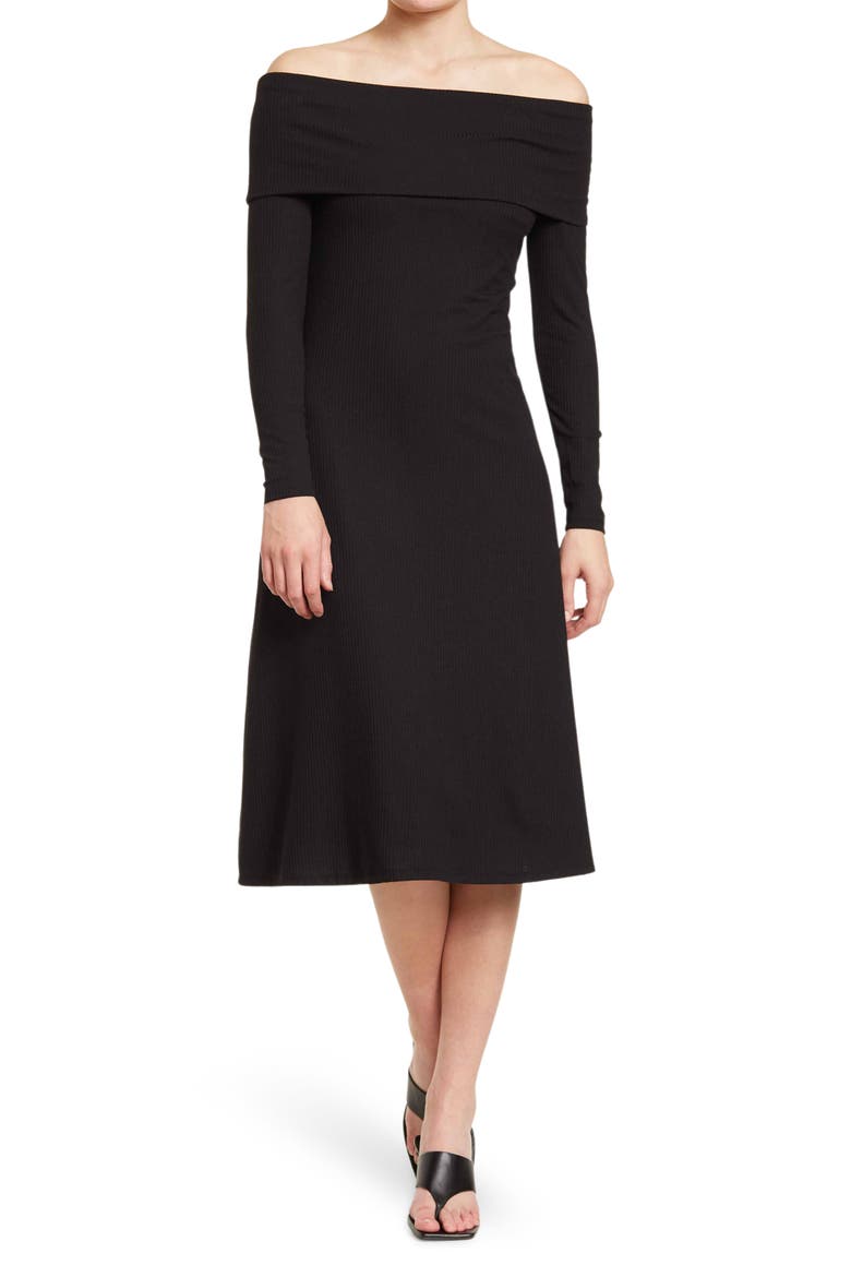 Ojai Off the Shoulder Rib Midi Dress, Main, color, NOIR