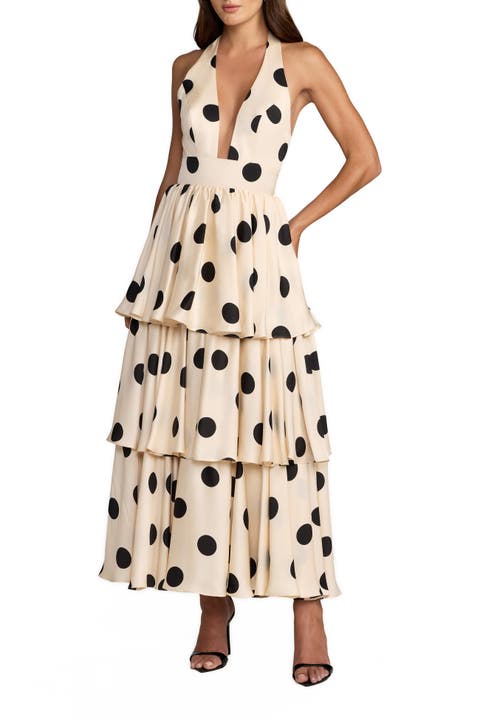 Halter Neck Polka Dot Ruffle Maxi Dress