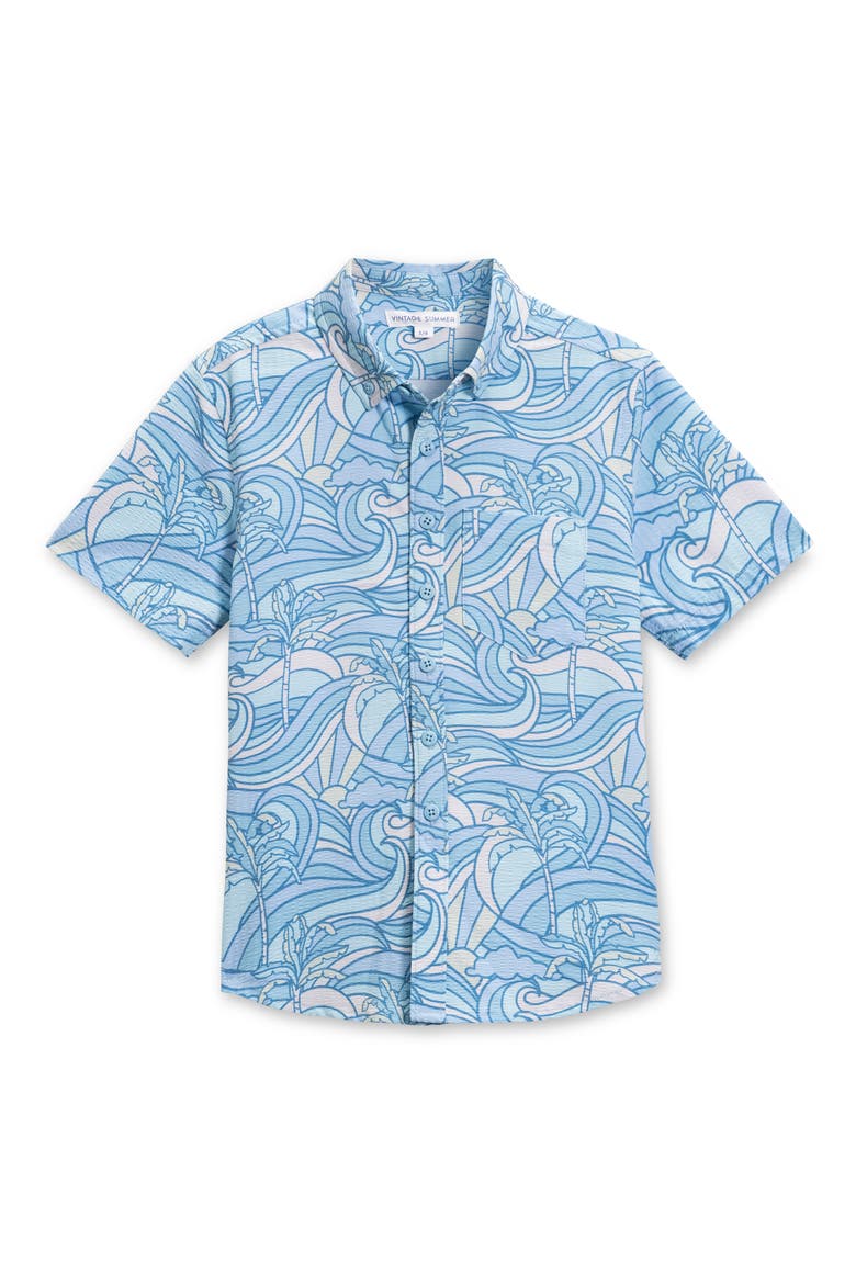 Kids' Palm Seersucker Short Sleeve Button-Up Shirt, Main, color, BLUE