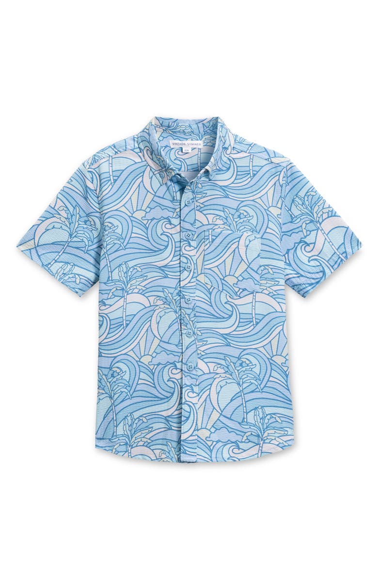Vintage Summer Kids' Palm Seersucker Short Sleeve Button-Up Shirt, Main, color, Blue