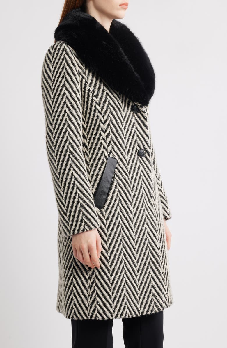 Via Spiga Herringbone Coat with Faux Fur Collar, Alternate, color, Jumbo Herringbone