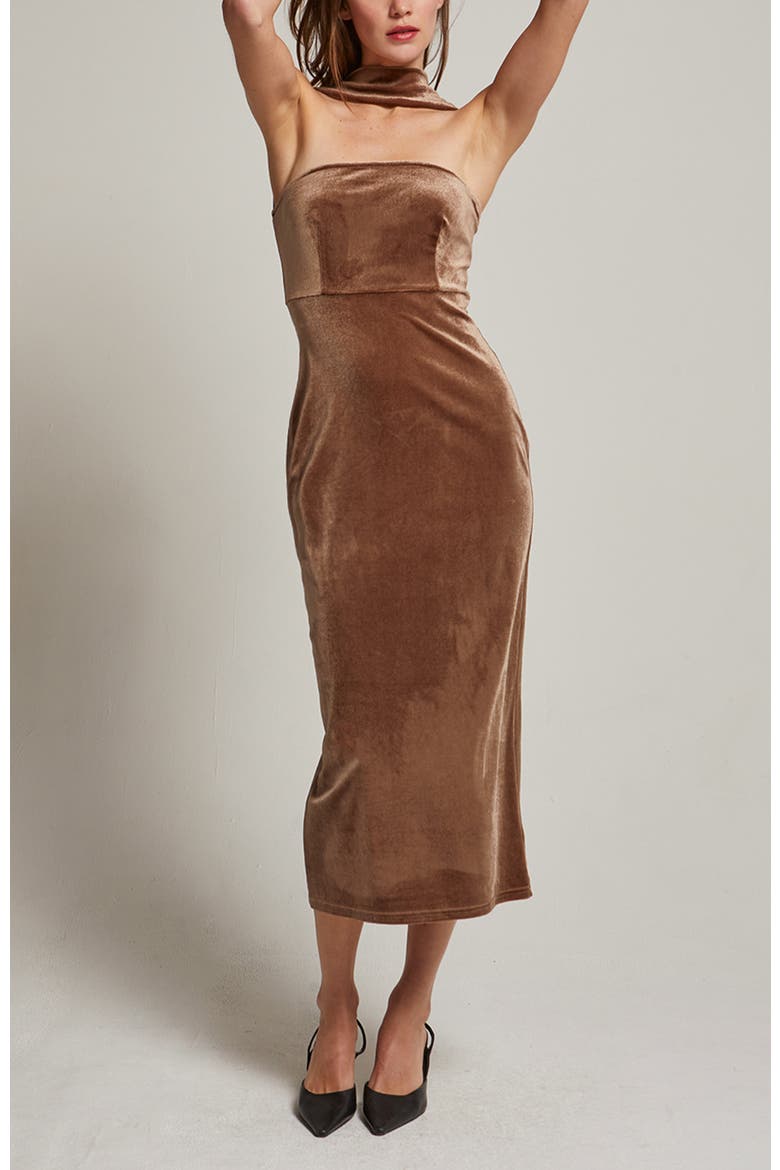 Halter Neck Velvet Tube Midi Dress, Alternate, color, Mocha Mousse